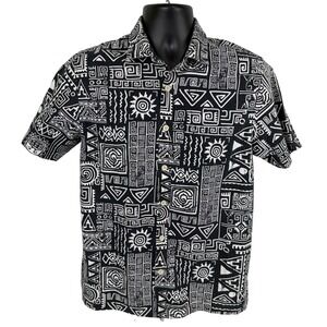 Folk Mens Black White Tribal Print Short Sleeve Button Up Shirt Size S